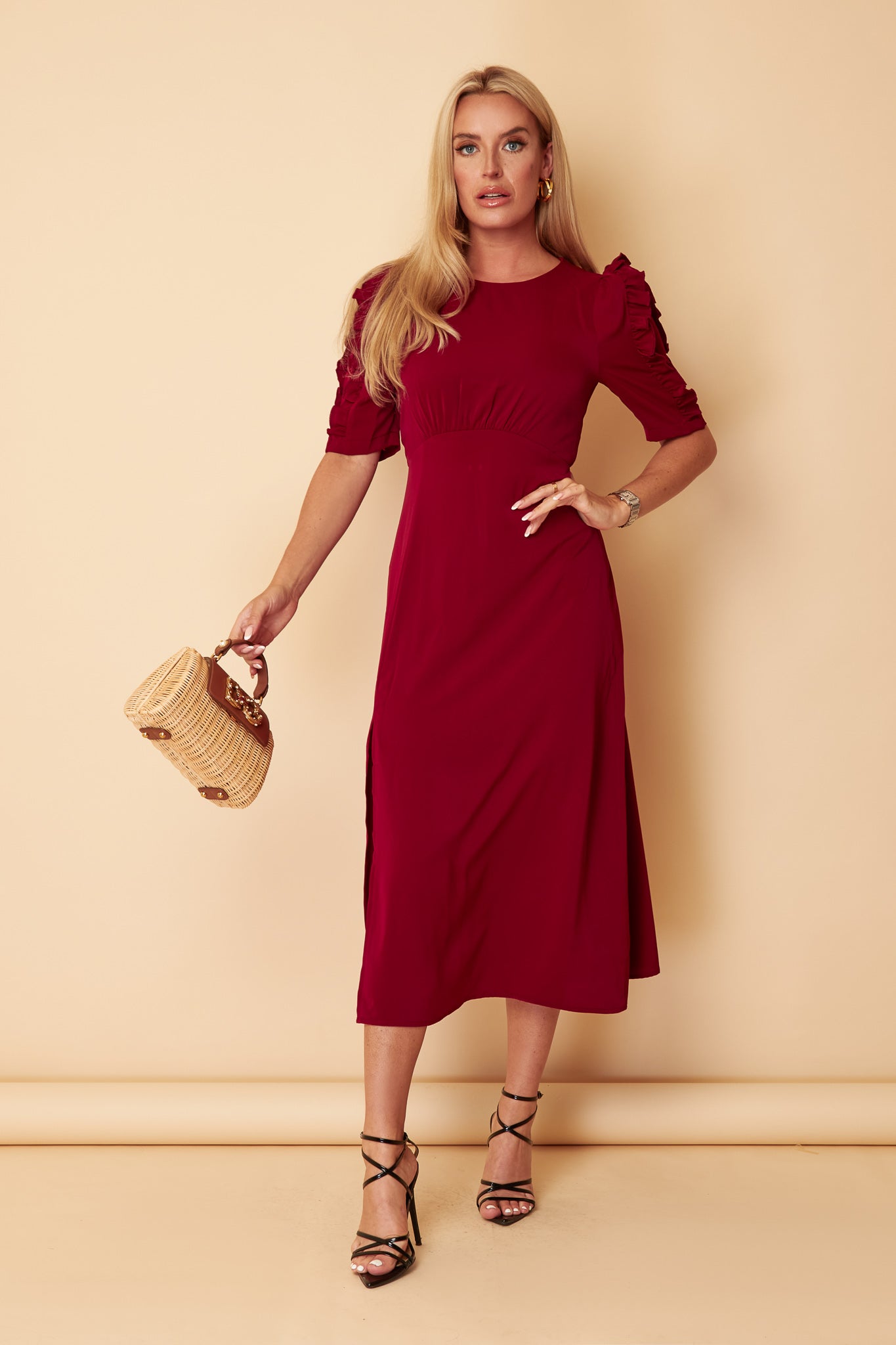 Samira Frill Sleeve Midi Dress-Berry