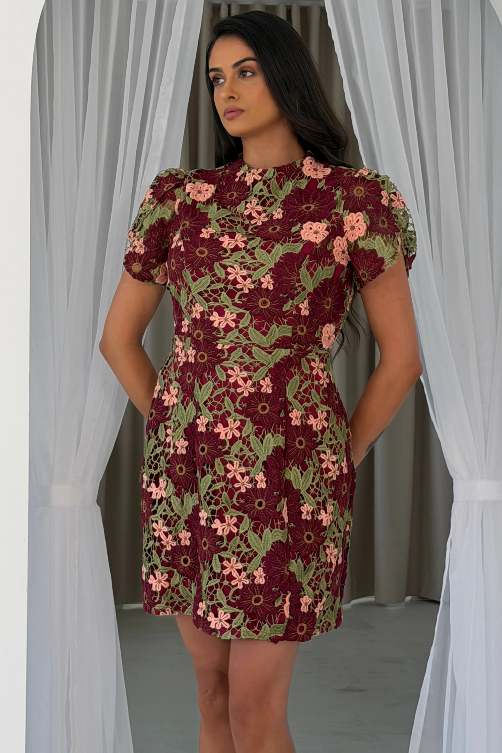 Ami Lace Dress Wine Multi