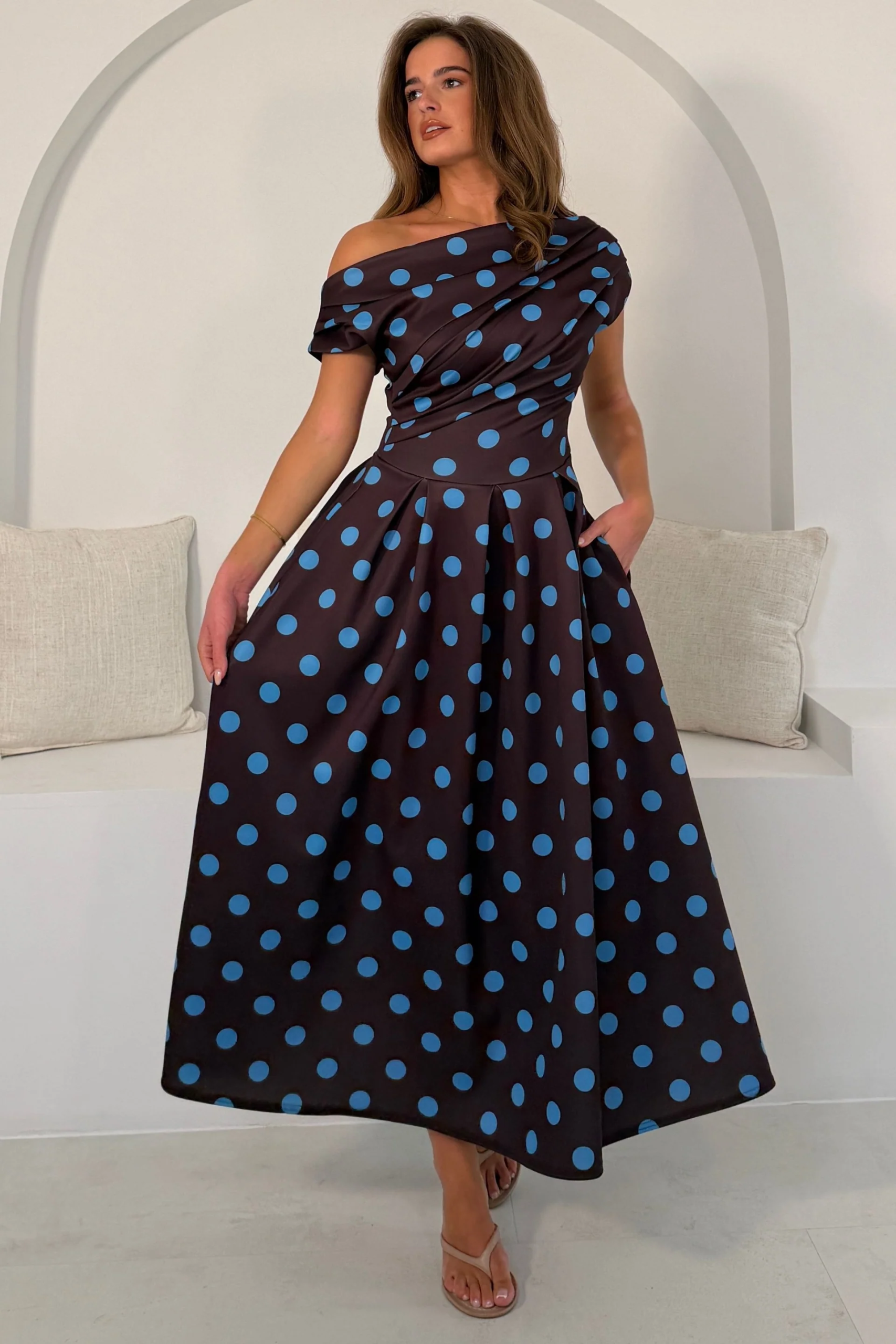 Betty Polka Dot Midi Dress Brown